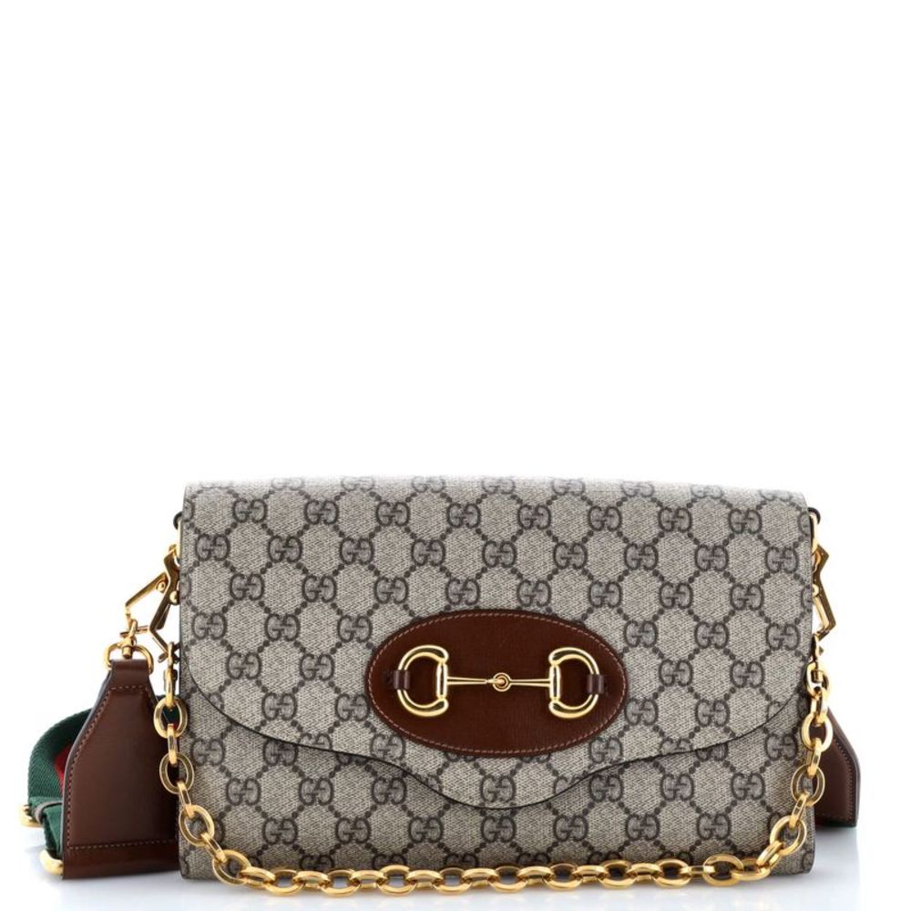 Gucci Horsebit 1955 Curved Flap Shoulder Bag GG Coated Canvas Small Brown